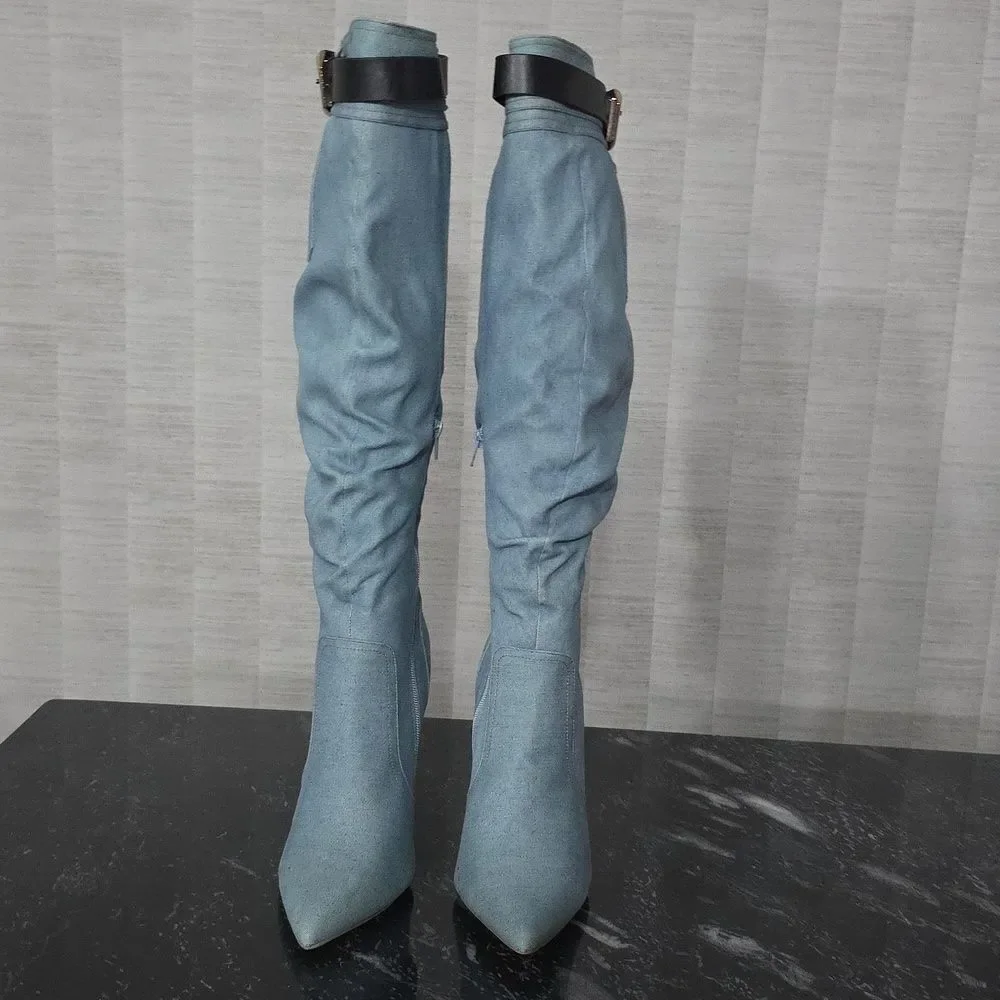 BRAND NEW SHOEDAZZLE BUCKLE OVER THE KNEE STILETTO HEEL WOMENS SLOUCH BOOTS